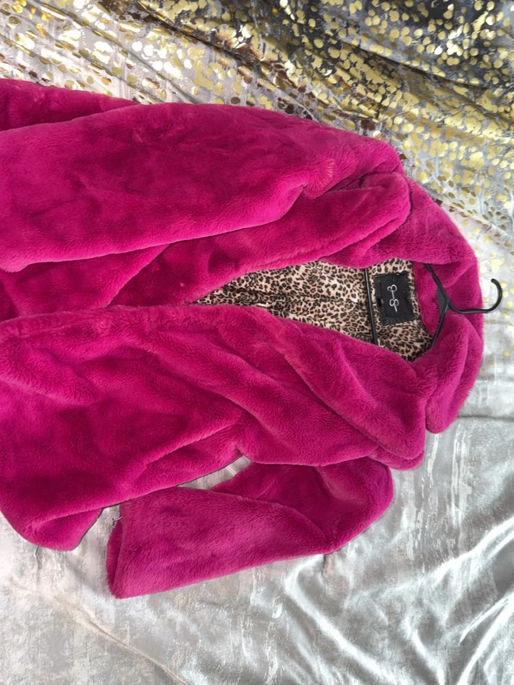 Betsey Johnson Fuchsia Plush Pea Coat with Leopard Lining